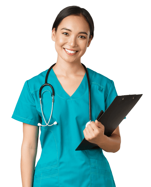 Smiling City Healthcare nurse in teal scrubs holding a clipboard