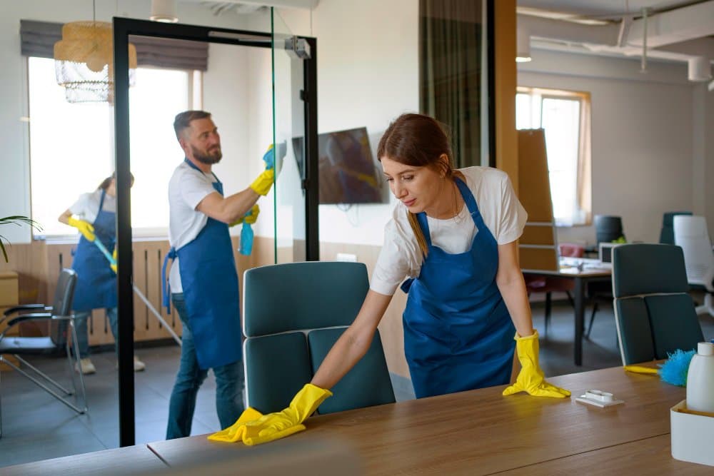 Professional cleaners mopping the floor of an office