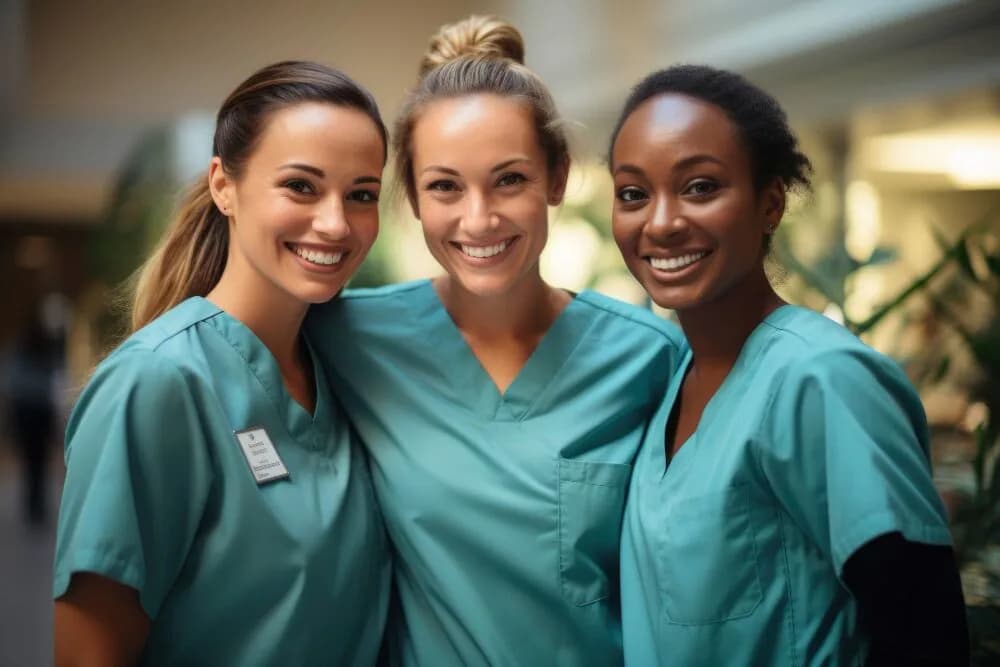 Three smiling registered practical nurses in teal scrubs